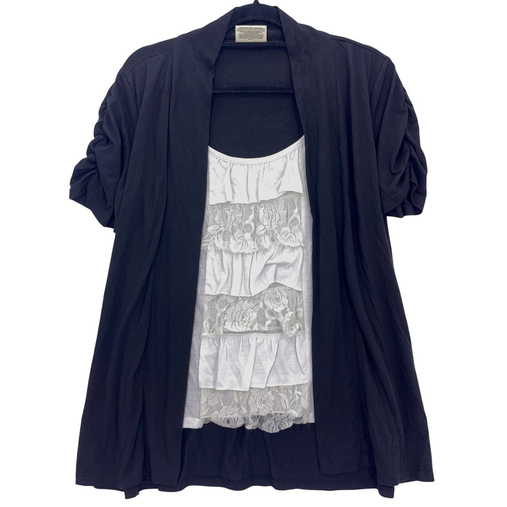 Bobbie Brooks Black Lace Ruffle Top XL Ruched Sleeve Cardigan Combo